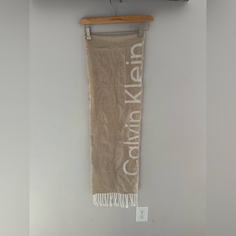 Calvin Klein Cream Logo Scarf with Fringe